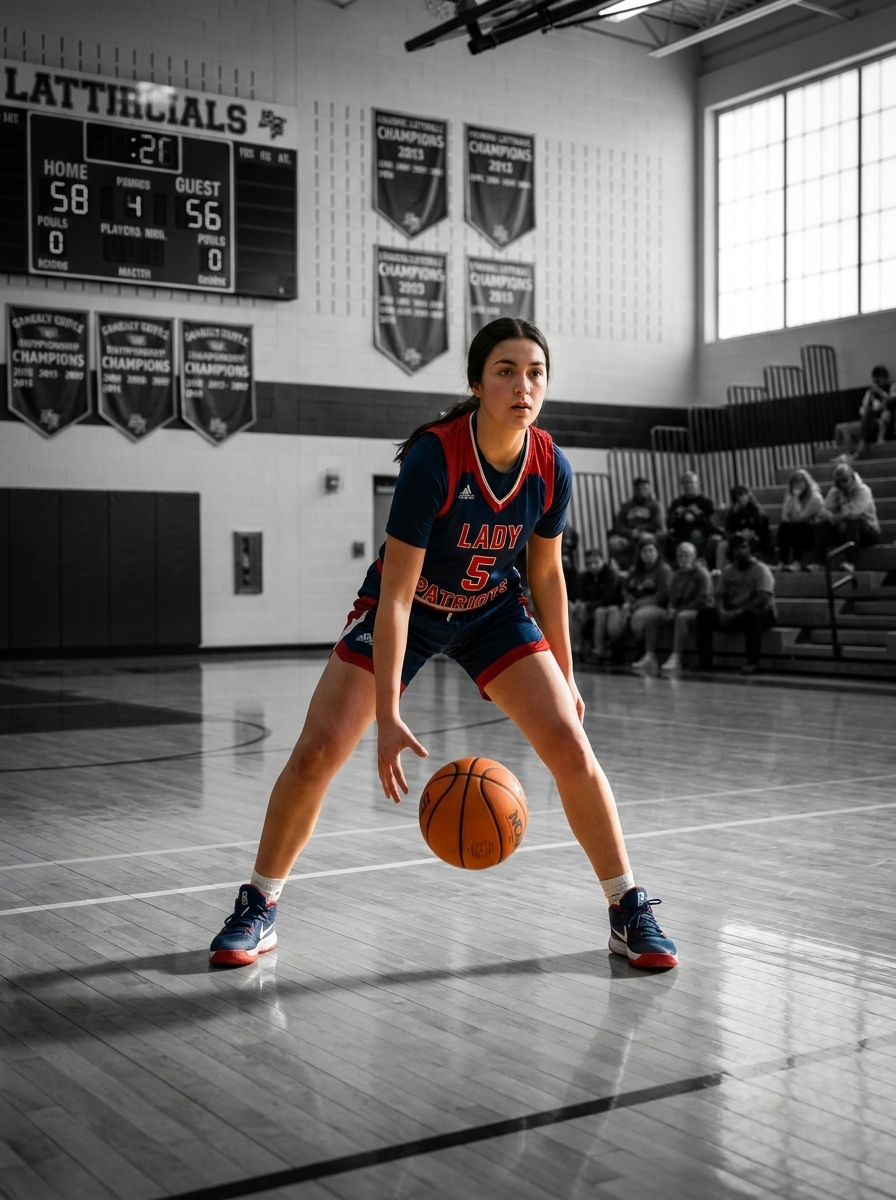 A Lady Patriots player dribbling in the gym