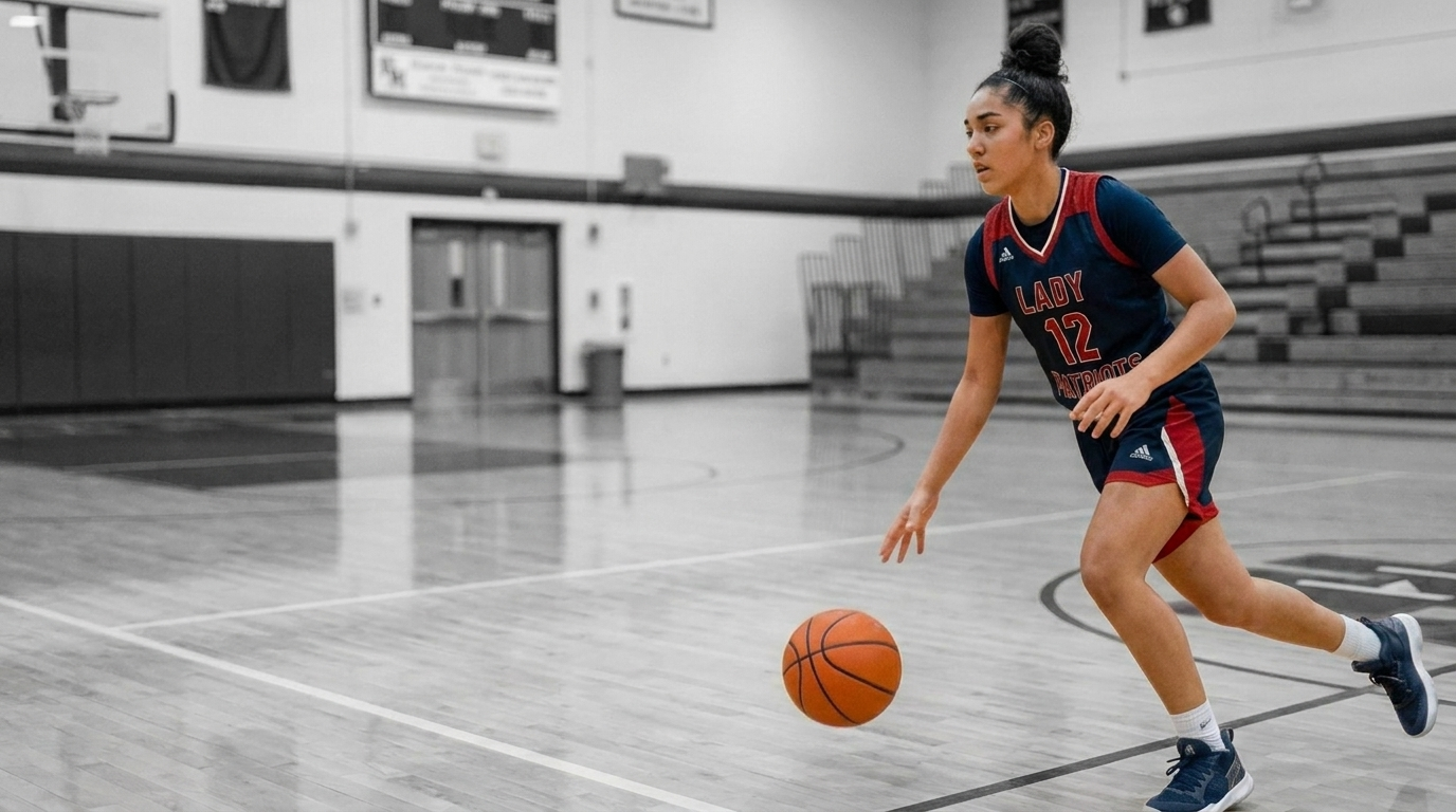 A Lady Patriots player driving up the court with the ball